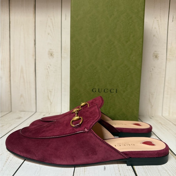 Gucci Princetown Horsebit Suede Mule Flat Burgundy Sz 37 / 7 - Picture 3 of 12